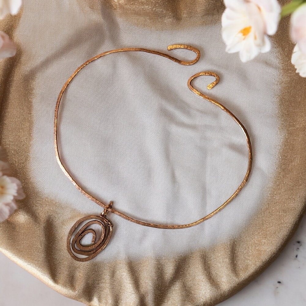 Orchid & Vine Hammered Copper Choker Necklace With Swirl Pendant Wire Wrap